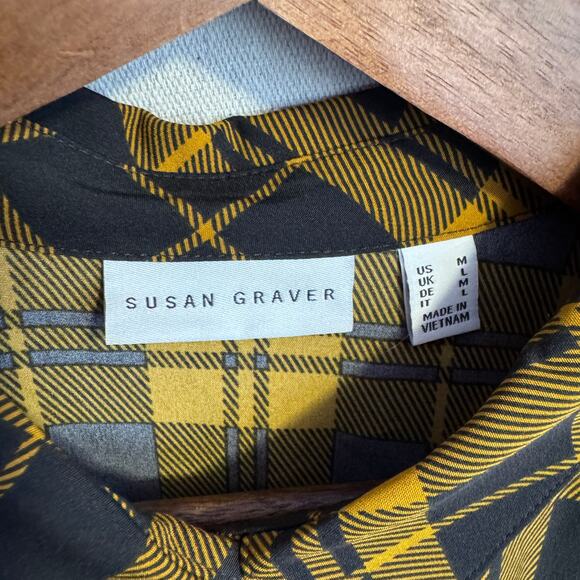 Susan Graver Size M Black Yellow Plaid Button Up Blouse Shirt Uneven Hem - Picture 7 of 12